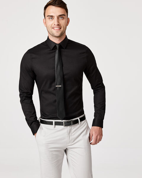 Slim Long Sleeve Herringbone Shirt, Black, hi-res